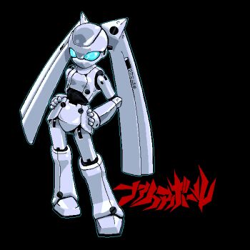 1girl black_background blue_eyes colored_skin disney drossel_von_flugel fireball_(series) hands_on_own_hips humanoid_robot johnnie joints mechanical_hair no_mouth no_nose robot robot_girl robot_joints science_fiction twintails white_skin