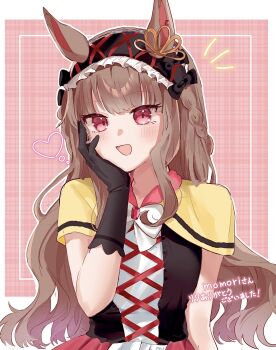 1girl animal_ears blunt_bangs breasts brown_hair commentary_request gloves hair_between_eyes hair_ornament hand_on_own_face highres horse_ears long_hair looking_at_viewer original personification portrait purple_eyes regaleira_(racehorse) simple_background small_breasts solo toumyao_neko translation_request