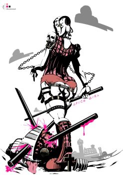 2others artist_logo artist_name ass blood boots chain cloud commentary commentary_request compound_eyes cross high_heels highres jojo_no_kimyou_na_bouken kurobameiyos limited_palette logo looking_back multiple_others notorious_b.i.g._(stand) pink_blood signature skull solo spice_girl_(stand) spot_color stand_(jojo) thigh_strap tongue tongue_out twitter_username vento_aureo weapon yellow_eyes