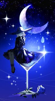 1girl aqua_skin black_dress black_footwear black_gloves black_hat black_pantyhose blue_dress blue_flower blue_hat blue_rose blue_theme cocktail_glass colored_skin commentary_request crescent_moon cup dragon_quest dragon_quest_x dress drinking_glass english_text fins flower frilled_dress frills glasses gloves gradient_clothes gradient_dress gradient_hat hat head_fins heart highres holding holding_wand legs_together liquid long_hair looking_at_viewer mole mole_under_mouth moon nikon_(user_aznh7528) pantyhose pince-nez rose sitting sky sparkle star_(sky) starry_sky sun_hat wand weddie_(dq10) white_hair