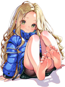 1girl barefoot bike_shorts blonde_hair blush diana_(pragmata) feet green_eyes kink_(tortoiseshell) long_hair looking_at_viewer pragmata smile soles toes