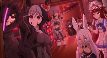 >:) 6+girls agnes_tachyon_(umamusume) ahoge animal_ears arm_behind_head arm_up black_hair bmkro bondrewd bondrewd_(cosplay) braid braided_hair_rings breasts broken brown_hair chibi closed_mouth coat commentary commission cosplay cosplay_request crop_top dutch_angle ears_through_headwear english_commentary extra_arms fingerless_gloves frilled_hairband frills fur-trimmed_shorts fur_collar fur_trim furrification furry furry_female gentildonna_(umamusume) gloves glowing grey_hair hair_between_eyes hair_over_one_eye hair_rings hairband hand_on_own_hip haru_urara_(umamusume) head_grab helm helmet highres horse_ears horse_girl horse_tail impossible_clothes indoors large_breasts long_hair long_hair_between_eyes looking_at_another made_in_abyss manhattan_cafe_(umamusume) manhattan_cafe_(umamusume)_(cosplay) midriff mitty_(made_in_abyss) multicolored_hair multiple_girls nanachi_(made_in_abyss) necktie open_clothes open_mouth open_vest pink_eyes pink_hair raised_inner_eyebrows red_desire_(umamusume) red_eyes rice_shower_(umamusume) school_uniform shinko_windy_(umamusume) shinko_windy_(wicked_punk)_(umamusume) shirt shorts skirt smile standing tail thighhighs tracen_school_uniform umamusume v-shaped_eyebrows very_long_hair vest yellow_eyes