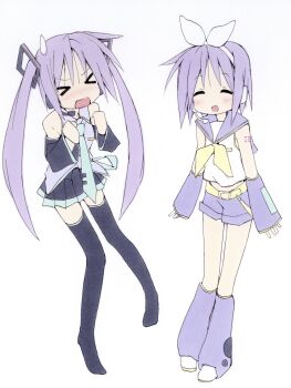 >_< 2girls belt blush boots bow_hairband clenched_hands closed_eyes collared_shirt cosplay crop_top detached_sleeves dress full_body hair_ornament hairband hatsune_miku hatsune_miku_(cosplay) headphones headset highres hiiragi_kagami hiiragi_tsukasa kagamine_rin kagamine_rin_(cosplay) leg_warmers long_hair long_sleeves lucky_star midriff multiple_girls neckerchief necktie nose_blush open_mouth pleated_dress purple_hair sailor_collar shiki_59 shirt short_hair shorts siblings sisters sleeveless sleeveless_shirt smile sweatdrop thigh_boots twins twintails very_long_hair vocaloid