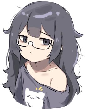 1girl black_eyes black_hair collarbone glasses highres inukai_purin long_hair looking_at_viewer monomogi o-chan off-shoulder_shirt off_shoulder shirt solo virtual_youtuber white_background