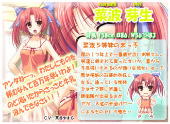 1girl angry bare_arms bare_shoulders boku_to_gonee_to_umi_no_year!! bow breasts character_profile chibi chibi_inset dress hair_bow hands_on_own_hips looking_at_viewer medium_breasts nanami_mei official_art open_mouth orange_dress red_eyes red_hair short_hair tomose_shunsaku translation_request twintails zoom_layer
