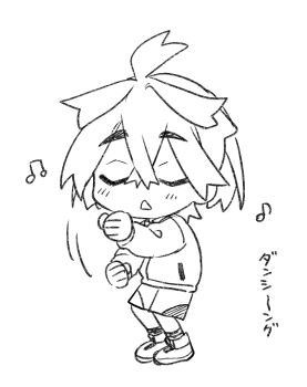 Rule 34 | ahoge, chibi, closed eyes, commentary request, crossed bangs, dancing, hair between eyes, hairband, jacket, kieran (pokemon), long sleeves, musical note, naruse makoto, nintendo, open mouth, partial commentary, pokemon, pokemon sv, short hair, shorts, sketch, track suit, triangle mouth, u u, white background