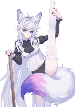 1girl absurdres animal_ear_fluff animal_ears apron black_bow black_bowtie black_nails black_skirt blush bow bowtie breasts closed_mouth commentary extra_ears fox_ears fox_girl fox_tail hair_between_eyes hair_intakes highres large_breasts long_hair long_sleeves looking_at_viewer luo_shun_yao maid meng_xi_xuan nail_polish navel original purple_eyes revision sidelocks simple_background skindentation skirt solo split standing standing_on_one_leg standing_split stomach tail tail_censor thighhighs thighs very_long_hair white_apron white_background white_hair white_thighhighs