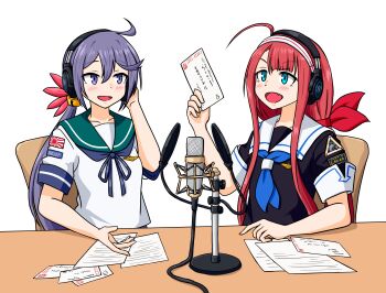 Rule 34 | 2girls, absurdres, adapted costume, ahoge, akebono (kancolle), badge, blue eyes, blue neckerchief, blue sailor collar, commentary, english commentary, envelope, flower, hair flower, hair ornament, headphones, highres, kantai collection, kawakaze (kancolle), microphone, microphone stand, multiple girls, neckerchief, paper, pop filter, purple hair, red hair, sailor collar, sailor shirt, samusara, school uniform, serafuku, shirt, short sleeves, side ponytail, white sailor collar, white shirt