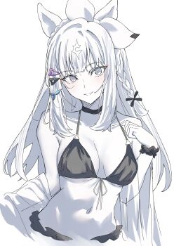 Rule 34 | + +, 1girl, almond eye (umamusume), alumina (kennmeidesu), animal ears, bare shoulders, bikini, braid, breasts, collarbone, commentary request, cross-shaped pupils, front-tie bikini top, front-tie top, greyscale, hair ornament, hairclip, halterneck, highres, horse ears, horse girl, looking at viewer, monochrome, scrunchie, side braid, simple background, smile, solo, spot color, swimsuit, symbol-shaped pupils, umamusume, wrist scrunchie