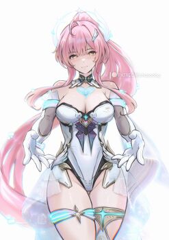 1girl absurdres aemeath_(wuthering_waves) artist_name bare_shoulders breasts chascoby cleavage closed_mouth commentary gloves hair_ornament highleg highleg_leotard highres leotard long_hair looking_at_viewer medium_breasts orange_eyes pink_hair showgirl_skirt smile solo strapless strapless_leotard tacet_mark_(wuthering_waves) thighs very_long_hair white_gloves white_leotard wuthering_waves