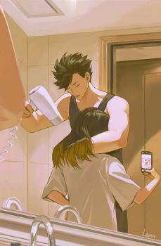 Rule 34 | 2boys, arm up, black hair, black tank top, blonde hair, cellphone, closed eyes, commentary, drying, drying another's hair, drying hair, english commentary, haikyuu!!, hair dryer, highres, hlam126, holding, holding hair dryer, holding phone, indoors, iphone, kozume kenma, kuroo tetsurou, long hair, male focus, mirror, multicolored hair, multiple boys, open mouth, phone, shirt, short hair, sink, smartphone, t-shirt, tank top, white shirt