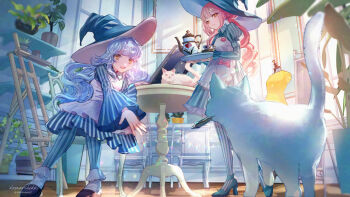 2girls :d animal apron blue_dress blue_hair cat chair commentary_request dress frills hat high_heels indoors komorihikki long_hair long_sleeves looking_at_viewer multiple_girls open_mouth original pantyhose pink_hair plant potted_plant puffy_sleeves sensitive shoes sitting smile standing striped_clothes striped_dress table vertical-striped_clothes vertical-striped_dress white_apron wide_sleeves window witch_hat yellow_eyes