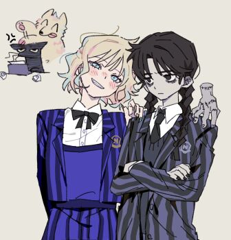 2girls the_addams_family bags_under_eyes black_bow black_bowtie black_hair black_nails black_necktie blazer blonde_hair bow bowtie braid collared_shirt colored_skin crossed_arms enid_sinclair fingernails grey_skin hand_on_another&#039;s_shoulder hashtag-only_commentary highres jacket long_sleeves looking_at_viewer multicolored_nails multiple_girls necktie nevermore_academy_school_uniform school_uniform shirt short_hair smile teeth thing_(the_addams_family) twin_braids wednesday_(netflix) wednesday_addams white_shirt yang_miemie_benti