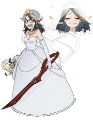Rule 34 | 1girl, bare shoulders, black hair, bouquet, breasts, bridal veil, cleavage, closed eyes, dress, eyeliner, facing viewer, fingerless gloves, flower, full body, gloves, highres, holding, holding blade, holding bouquet, holding weapon, kill la kill, kuri (8mr4i9afb6bmulu), long dress, looking at viewer, makeup, matoi ryuuko, medium hair, multicolored hair, multiple views, open mouth, red eyeliner, red hair, scissor blade (kill la kill), simple background, single fingerless glove, sleeveless, sleeveless dress, standing, streaked hair, teeth, tiara, two-tone hair, upper body, veil, weapon, wedding dress, white background, white dress, white gloves