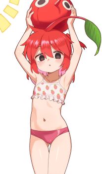 1girl arms_up bikini black_eyes blush collarbone commentary_request flat_chest food_print fruit_print funifuchan gluteal_fold hair_between_eyes highres leaf loli looking_at_viewer medium_hair navel nintendo parted_lips personification pikmin_(series) pink_bikini red_hair red_pikmin simple_background solo strawberry_print swimsuit white_background