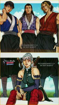 1girl 3boys bare_shoulders black_hair blue_eyes breasts couple genderswap genderswap_(ftm) genderswap_(mtf) gloves harem highres hinatsuru_(kimetsu_no_yaiba) japanese_clothes katana kimetsu_no_yaiba kimono large_breasts long_hair looking_at_viewer makio_(kimetsu_no_yaiba) multicolored_hair multiple_boys muscular muscular_arms muscular_male ninja ornament pink_eyes purple_eyes reverse_harem short_hair sideboob sitting suma_(kimetsu_no_yaiba) sword tattoo thick_thighs thighhighs thighs uzui_tengen weapon white_hair yellow_eyes yukata