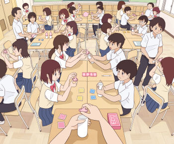 6+boys 6+girls balloon belt black_eyes black_pants black_socks blue_skirt blush bow bowtie breasts brown_belt brown_hair bulletin_board chair chalkboard classroom condom condom_packet_strip condom_wrapper desk door glasses highres holding holding_condom kiyo_(kyokyo1220) long_hair low_ponytail multiple_boys multiple_girls notebook open_mouth original pants pencil ponytail red_bow red_bowtie school_uniform sex_ed shelf shirt shoes short_hair short_sleeves sitting skirt small_breasts smile socks standing sweater_vest white_shirt white_shoes window yellow_sweater_vest