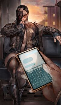 1boy 1girl abs abs_peek absurdres boots breasts building cellphone character_request cleavage cloud cloudy_sky commentary_request crossed_legs fingerless_gloves glasses gloves hair_over_one_eye highres jacket large_breasts looking_at_viewer original partially_unzipped phone sitting sky skyline smartphone soleil_(soleilmtfbwy03) sunglasses sunset text_messaging thighhighs thighs tinted_eyewear train_interior undressing unzipped vent_(object)