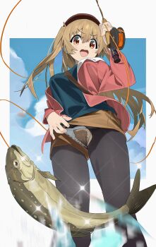 1girl :d black_pantyhose blonde_hair brown_eyes clothing_aside clothing_cutout crotch_cutout female_pubic_hair fish fishing fishing_rod flashing from_below hair_between_eyes highres holding holding_fishing_rod long_hair minagi_koharu open_mouth panties panties_aside pantyhose pubic_hair pussy slow_loop smile sunny_bitch twintails underwear