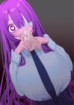 1girl black_background blue_necktie blue_skirt breasts cellphone commentary_request dutch_angle eurasia_(wtp09ptw14) eyepatch francoise_(eurasia) heart heart-shaped_pupils highres holding holding_phone large_breasts long_hair monitoring_(vocaloid) necktie one_eye_covered original phone purple_eyes purple_hair shirt skirt smartphone solo symbol-shaped_pupils upper_body white_shirt