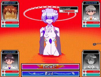1boy 2girls armisael_(evangelion) ayanami_rei blue_hair boss_fight bread bread_slice brown_hair commentary crossover depressed english_commentary english_text evil_smile food gameplay_mechanics grey_hair halo heads-up_display health_bar heart htony ikari_shinji lcl mecha_pilot_suit multiple_girls nagisa_kaworu neon_genesis_evangelion omori orange_hair plugsuit_(evangelion) shaded_face short_hair signature smile souryuu_asuka_langley the_end_of_evangelion toast twitter_username user_interface veins water_drop