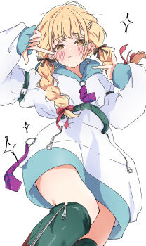 1girl absurdres belt blonde_hair blush boots braid closed_mouth commentary fujita_kotone gakuen_idolmaster green_belt green_boots hair_ornament hairclip highres hood hoodie idolmaster long_hair long_sleeves looking_at_viewer solo thigh_boots twin_braids urishima white_hoodie yellow_eyes zipper zipper_pull_tab