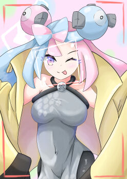 1girl absurdres blue_hair bow-shaped_hair breasts character_hair_ornament closed_mouth commentary_request criss-cross_halter fake_hair_bun hair_ornament halter_shirt halterneck hexagon_print highres iono_(pokemon) jacket long_hair medium_breasts multicolored_hair nintendo one_eye_closed open_clothes open_jacket oversized_clothes pink_hair pokemon pokemon_sv sharp_teeth sleeves_past_fingers sleeves_past_wrists smile solo split-color_hair teeth tongue tongue_out usercattleya x_(symbol) yellow_jacket