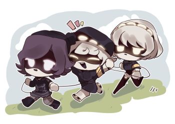 1boy 2girls chibi choker coat colored_skin glitch_productions grey_skin hat highres hood hoodie mecha_girl mechanical_tail multiple_girls murder_drones n_(murder_drones) no_humans open_mouth purple_eyes purple_hair robot robot_girl shiny_skin short_hair striped_legwear tail thighhighs uzi_(murder_drones) v_(murder_drones)