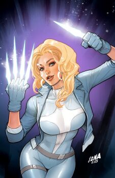1girl between_fingers blonde_hair blue_eyes bodysuit dagger dagger_(marvel) david_nakayama energy_dagger gloves glowing glowing_knife glowing_weapon grey_bodysuit grey_gloves grey_jacket highres holding holding_dagger holding_knife holding_weapon initial jacket knife knives_between_fingers long_hair looking_at_viewer marvel open_clothes open_jacket solo weapon x-men