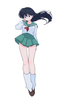 1girl absurdres black_eyes black_hair brown_shoes closed_mouth commentary en_0410 floating_hair full_body green_sailor_collar green_skirt highres higurashi_kagome inuyasha long_hair long_sleeves looking_at_viewer neckerchief red_neckerchief sailor_collar school_uniform serafuku shirt shoes skirt socks solo twitter_username white_shirt white_socks