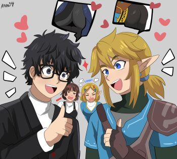 2boys 2girls absurdres amamiya_ren anger_vein ass black_hair blonde_hair blue_eyes breasts brown_hair commentary elf english_commentary glasses grey_background heart highres karbuitt link looking_at_another low_ponytail multiple_boys multiple_girls niijima_makoto nintendo persona persona_5 pointy_ears ponytail princess_zelda red_eyes short_hair simple_background spoken_character super_smash_bros. the_legend_of_zelda the_legend_of_zelda:_tears_of_the_kingdom thumbs_up v-shaped_eyebrows