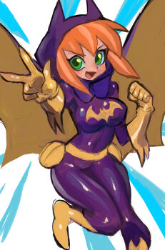 1girl animal_ear_hood animal_ears barbara_gordon batgirl batman_(series) belt blush bodysuit boots breasts cape dakusuta dc_comics dc_super_hero_girls fake_animal_ears gloves green_eyes hands_up highres hood hood_up horned_hood horns large_breasts leg_up looking_at_viewer open_mouth orange_hair outstretched_hand pouch purple_bodysuit purple_cape purple_hood short_hair smile solo superhero_costume two-sided_cape two-sided_fabric v v-shaped_eyebrows yellow_belt yellow_boots yellow_cape yellow_gloves