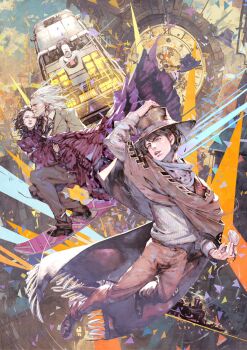 Rule 34 | 1girl, 2boys, back to the future, back to the future part iii, black gloves, black hair, blue eyes, brown hat, brown jacket, brown pants, brown shoes, car, carrying, clara clayton, collared shirt, commentary, cowboy hat, delorean, dress, dress shirt, emmett brown, english commentary, gloves, grey hair, hand on headwear, hat, highres, hoverboard, jacket, kazama raita, locomotive, long sleeves, marty mcfly, motor vehicle, multiple boys, open mouth, pants, pinstripe pattern, pinstripe shirt, pocket watch, poncho, princess carry, red dress, shirt, shoes, short hair, steam locomotive, suit jacket, time machine, watch, white shirt