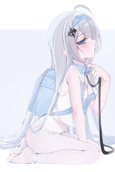 1girl absurdres ahoge alternate_costume arm_between_legs arm_support backpack bag bare_arms blue_bag blue_collar blue_eyes blue_hairband blush chedisu collar ear_blush feet female_tyrant_(stella_sora) fine_fabric_emphasis from_side grey_hair hairband highres kneeling leash loli long_hair narrowed_eyes no_pants pantyhose parted_lips pet_play pointy_ears profile randoseru solo stella_sora sweat tank_top tyrant_(stella_sora) very_long_hair white_pantyhose