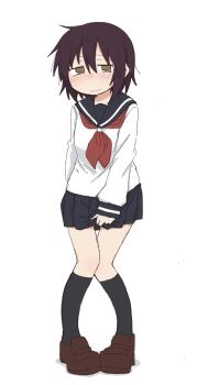 1girl arm_behind_back black_socks blue_sailor_collar blue_skirt blush brown_eyes brown_hair brown_shoes closed_mouth embarrassed female_focus flat_chest full_body half-closed_eyes have_to_pee kneehighs knees_together_feet_apart kude_rei_(ponnu_(tnpn2yw)) large_variant_set long_sleeves looking_at_viewer miniskirt neckerchief nervous nose_blush original pigeon-toed pleated_skirt ponnu_(tnpn2yw) raised_eyebrows red_neckerchief sailor_collar school_uniform serafuku shirt shoes short_hair sidelocks simple_background skirt skirt_hold socks solo split_mouth standing variant_set white_background white_shirt