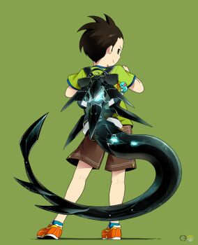 1boy brown_hair child commentary_request dragon_tail from_behind full_body green_background green_eyes looking_at_viewer looking_back male_focus noeyebrow_(mauve) original science_fiction shorts smile solo standing tail treize_(mauve)