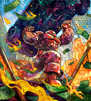 1boy abstract_background banknote bodysuit brass_knuckles building burning car carrying_overhead city cityscape colorful_background destruction dollar_bill dynamic_pose fire glass glint gloves helmet holding juggernaut_(x-men) lifting_vehicle male_focus marvel marvel_snap money motor_vehicle muscular muscular_male official_art red_tunic science_fiction shiny_skin sky skyline solo solo_focus sparkle star_(sky) starry_sky strong superhero_costume throwing_weapon tunic vinartwork weapon western_comics_(style) wheel wreckage x-men