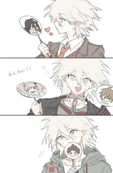 1boy black_jacket blush chain chain_leash collar collarbone collared_shirt danganronpa_(series) danganronpa_2:_goodbye_despair danganronpa_3_(anime) danganronpa_another_episode:_ultra_despair_girls enoshima_junko green_jacket grey_hair hair_between_eyes heart highres hinata_hajime hood hood_down hooded_jacket jacket kamukura_izuru komaeda_nagito leash long_sleeves looking_at_viewer male_focus medium_hair messy_hair metal_collar necktie open_clothes open_jacket open_mouth orange_necktie seailand servant_(danganronpa) shirt smile striped_clothes striped_shirt