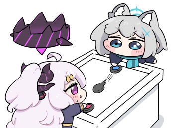 2girls ahoge air_hockey animal_ears beleullin black_halo blue_archive blue_eyes blue_halo chibi chibi_only commentary_request deformed demon_girl demon_horns grey_hair halo heterochromia highres hina_(blue_archive) horns long_hair multiple_girls purple_eyes scarf shiroko_(blue_archive) simple_background standing sweat very_long_hair white_background white_hair wolf_ears