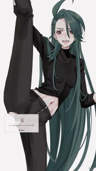 Rule 34 | 1girl, black pants, black shirt, blush, breasts, clothing cutout, commentary request, earrings, green hair, highres, holding own leg, jewelry, leg up, long hair, looking at viewer, midriff, mtkpasta, navel, necklace, nintendo, official alternate costume, official alternate hairstyle, open mouth, pants, pokemon, pokemon masters ex, red eyes, rika (palentine's 2026) (pokemon), rika (pokemon), shirt, simple background, small breasts, smile, solo, standing, standing on one leg, torn clothes, torn pants, very long hair
