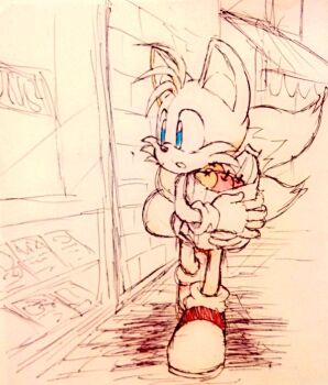 apple bag banana bookstore child food fox fruit gloves misuta710 multiple_tails sega shoes shop shopping shopping_bag shota socks sonic_(series) tail tails_(sonic) traditional_media two_tails walking