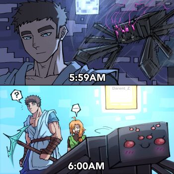 ... 1boy 1girl ahoge alex_(minecraft) arm_wrap blush_stickers brown_hair darent_z glowing glowing_eyes highres long_hair minecraft minecraft_pickaxe orange_hair pickaxe red_eyes shirt short_hair smile spider_(minecraft) steve_(minecraft) sun timestamp