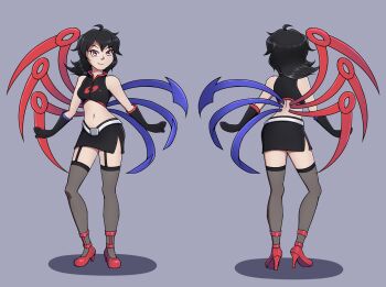 1girl alternate_costume asymmetrical_wings back bare_shoulders belt black_gloves black_hair black_shirt black_skirt black_thighhighs blue_trim blue_wings boots breasts closed_mouth commentary commentary_request crop_top elbow_gloves english_commentary fang from_behind full_body garter_straps gloves grey_background high_heels highres houjuu_nue long_hair looking_at_viewer medium_breasts miniskirt mixed-language_commentary multiple_views navel red_boots red_eyes red_trim red_wings shirt side_slit skirt sleeveless sleeveless_shirt smile solo standing stomach superchrim thighhighs thighs touhou two-tone_wings undefined_fantastic_object white_belt wings