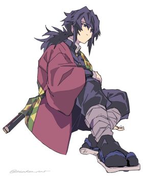 Rule 34 | 1boy, black hair, black jacket, black pants, black socks, blue eyes, buttons, closed mouth, demon slayer uniform, full body, gold buttons, haori, high collar, highres, jacket, japanese clothes, kikkoumon, kimetsu no yaiba, long hair, low ponytail, male focus, pants, ponytail, print haori, red haori, sandals, simple background, sitting, socks, solo, spiked hair, tomioka giyuu, twitter username, white background, yuki 1217k