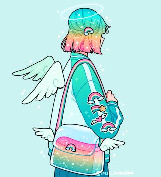 1girl angel_wings aqua_background aqua_jacket aqua_theme bag constellation emily_kim gradient_hair green_skirt green_wings hair_ornament halo highres jacket letterman_jacket liquid multicolored_hair original rainbow_gradient rainbow_hair rainbow_hair_ornament rainbow_sticker short_hair shoulder_bag simple_background skirt sparkle sticker_on_arm twitter_username wings
