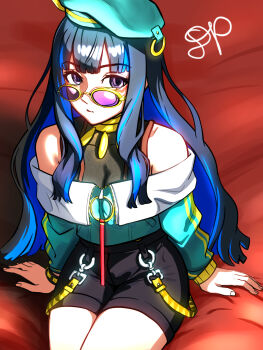 1girl bare_shoulders beret black_hair black_shorts blue_hair bracelet breasts buttons colored_inner_hair dantonphanton double-breasted eyeliner fate/grand_order fate_(series) green_hat green_jacket grey_eyes hat highres jacket jewelry long_hair long_sleeves looking_at_viewer makeup multicolored_hair neck_ring o-ring off_shoulder round_eyewear shorts sidelocks sitting small_breasts solo sunglasses tenochtitlan_(fate) tenochtitlan_(second_ascension)_(fate) thighs zipper