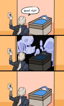 2girls 2others absurdres bed chibi chun_grandfa duchess_(elden_ring) elden_ring elden_ring_nightreign ghost highres light_switch multiple_girls multiple_others revenant_(elden_ring) skeleton