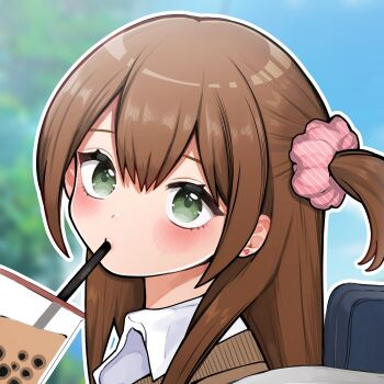 1girl absurdres blush brown_hair bubble_tea drinking_straw drinking_straw_in_mouth green_eyes hair_ornament hair_scrunchie highres long_hair looking_at_viewer one_side_up original outline portrait scrunchie toru_nagase white_outline