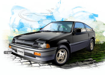 Rule 34 | 2025, abstract background, artist name, black car, car, cobblestone, commentary request, copyright notice, dated, honda, honda cr-x, license plate, logo, motor vehicle, nimbus goldbrum, no humans, original, product placement, realistic, right-hand drive, shadow, simple background, sports car, steering wheel, vehicle focus, watermark, white background