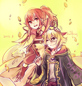 2girls anna_(fire_emblem) anna_(fire_emblem_awakening) blonde_hair commentary_request female_morgan_(fire_emblem) fire_emblem fire_emblem_awakening hair_between_eyes high_ponytail long_hair mitsukato multiple_girls nintendo one_eye_closed ponytail red_eyes red_hair